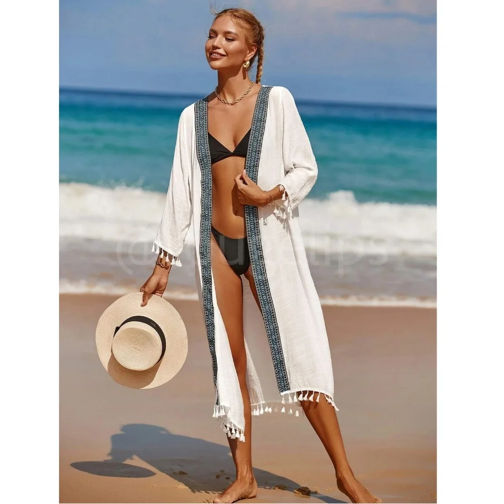 White Kimono Beach Coverup Tassel Trim Long - Picture 5 of 9